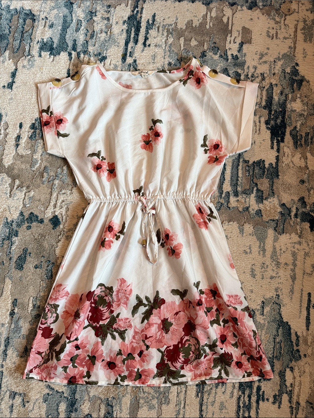Girls White Floral Drawstring Waist Dress
